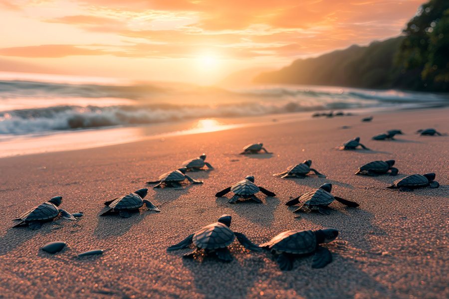 baby turtles on the sandy beach and crawl to the ocean. Generative AI.