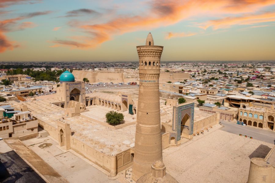 Bukhara, Uzbekistan Aerial view of Mir-i-Arab Madrasa Kalyan minaret and Poi Kalyan Mosque and Ark of Bukhara.