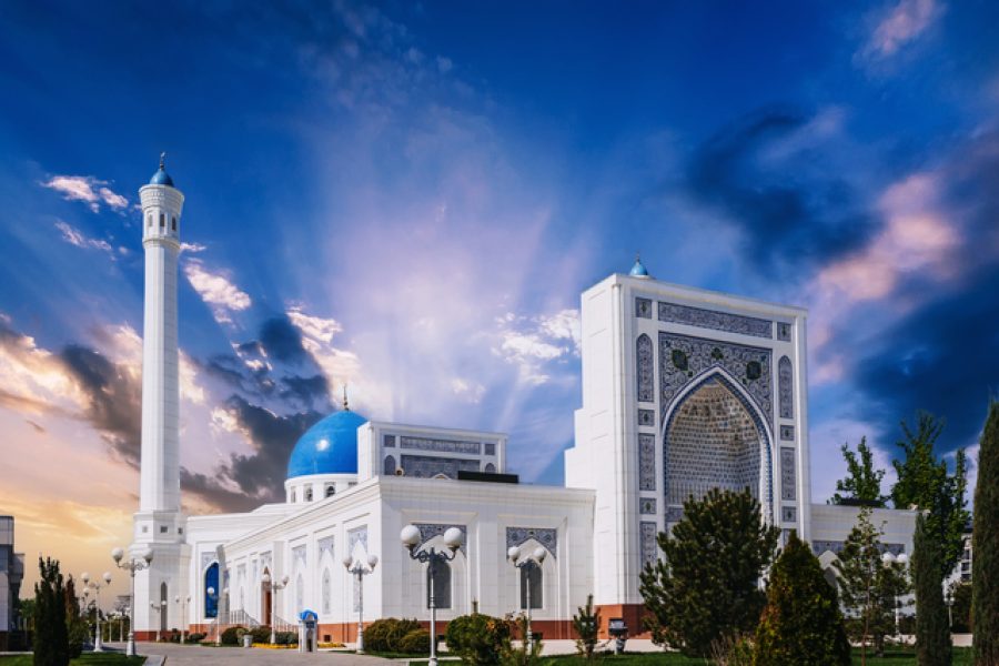 landscape with new modern white marble Islamic Masjid Minor Mosque in Tashkent in Uzbekistan in summer