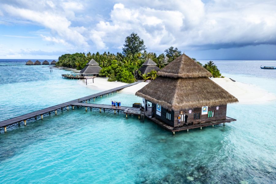 Aerial view of the island of Rannalhi, with the Divepoint Rannalhi at the bottom, Club Andaaran, South Male Atoll, Maldives, Indian Ocean.