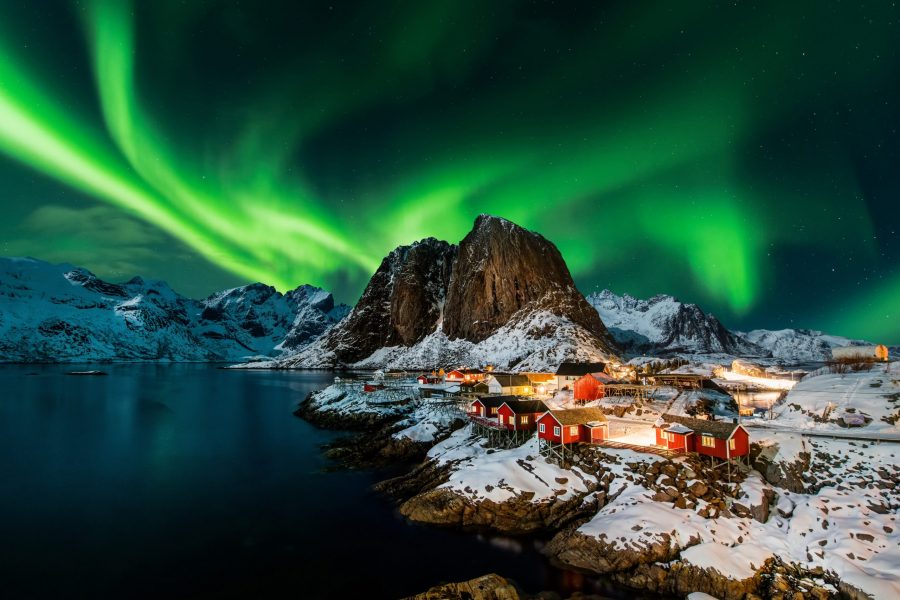 Aurora borealis over Hamnoy in Norway; Shutterstock ID 1504345343; Purchase Order: HUGL0590 EXP21/22 - US Space to Explore camp; Job: HUGL0590 EXP21/22 - US Space to Explore camp; Client/Licensee: Hurtigruten