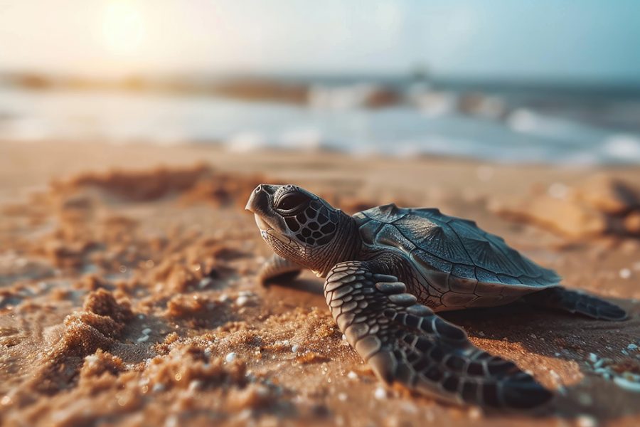 Baby turtles on beach sand. Wild ocean newborn sea turtles on coast.