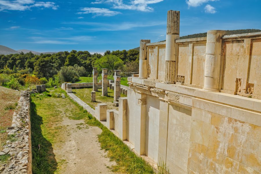 The Sanctuary of Asklepios ruins at the Epidaurus in Greece. Epidaurus is a ancient city dedicated to the ancient Greek God of medicine Asclepius.