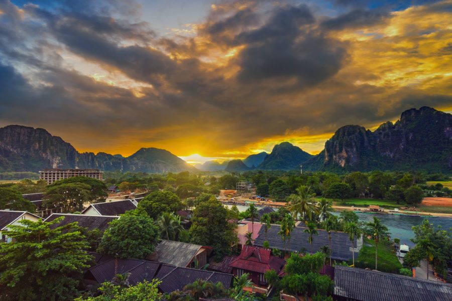 Landscape Viewpoint and beautiful sunset at Vang Vieng, Laos.