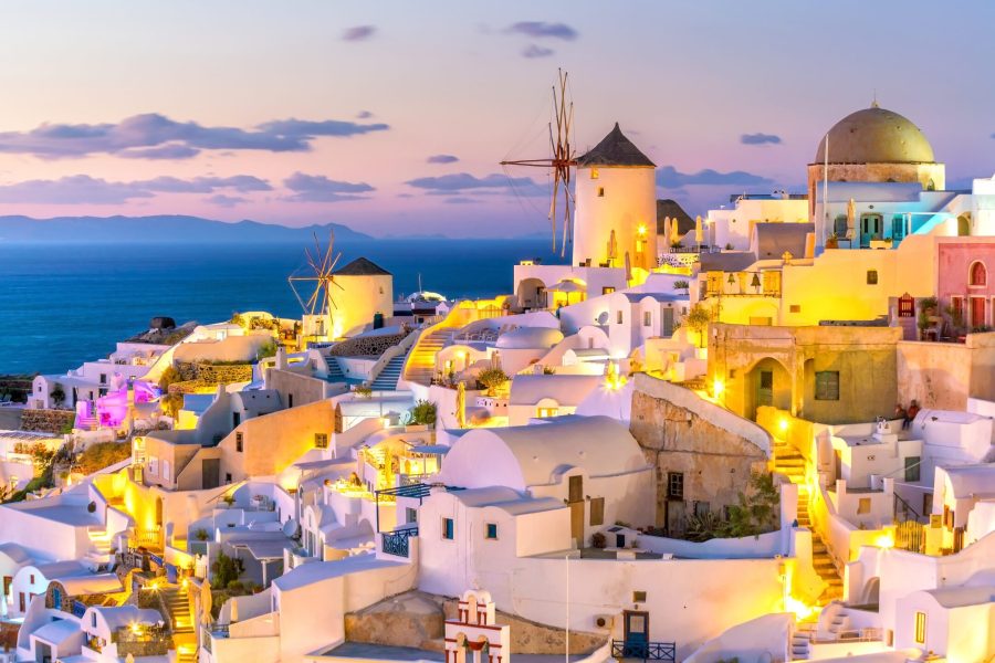 Great twilight view of Santorini island. Sunset on the famous Oia city, Greece, Europe