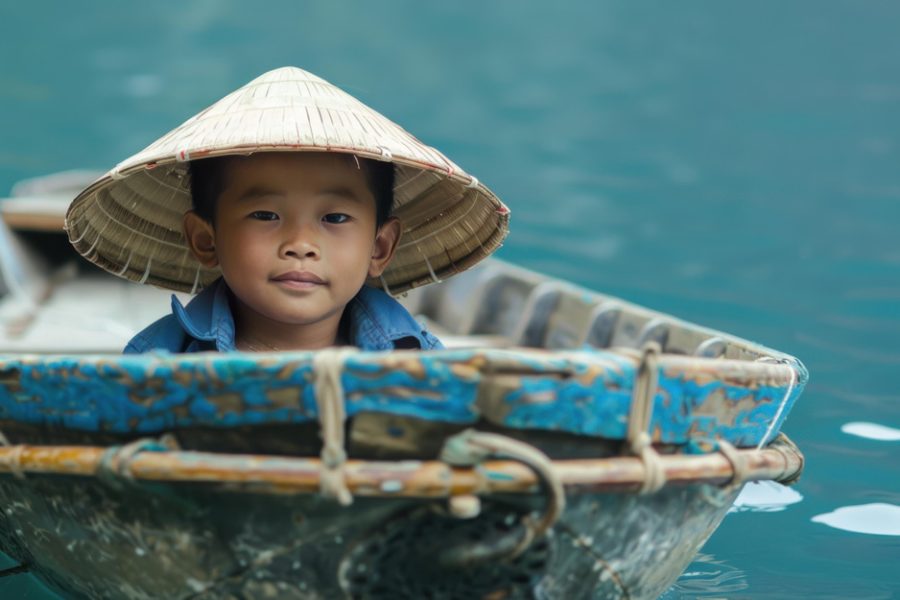 Portrait of a young boy wearing a traditional vietnamese conical hat sitting in a boat